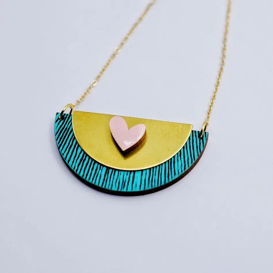 Art Deco Wooden Bib Style Pendant Necklace