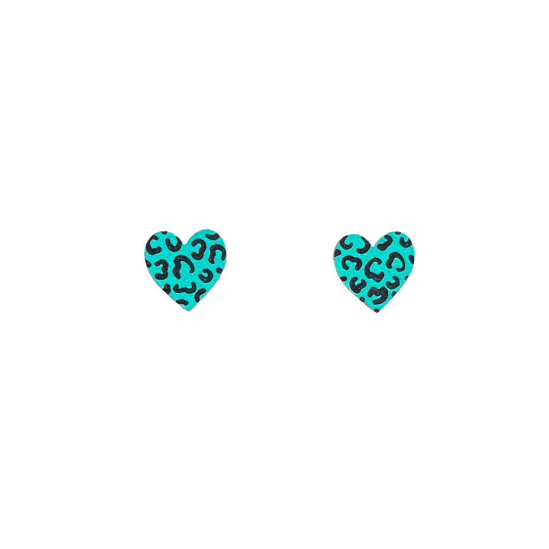 Mini Leopard Print Teal and Black Heart Wooden Earrings