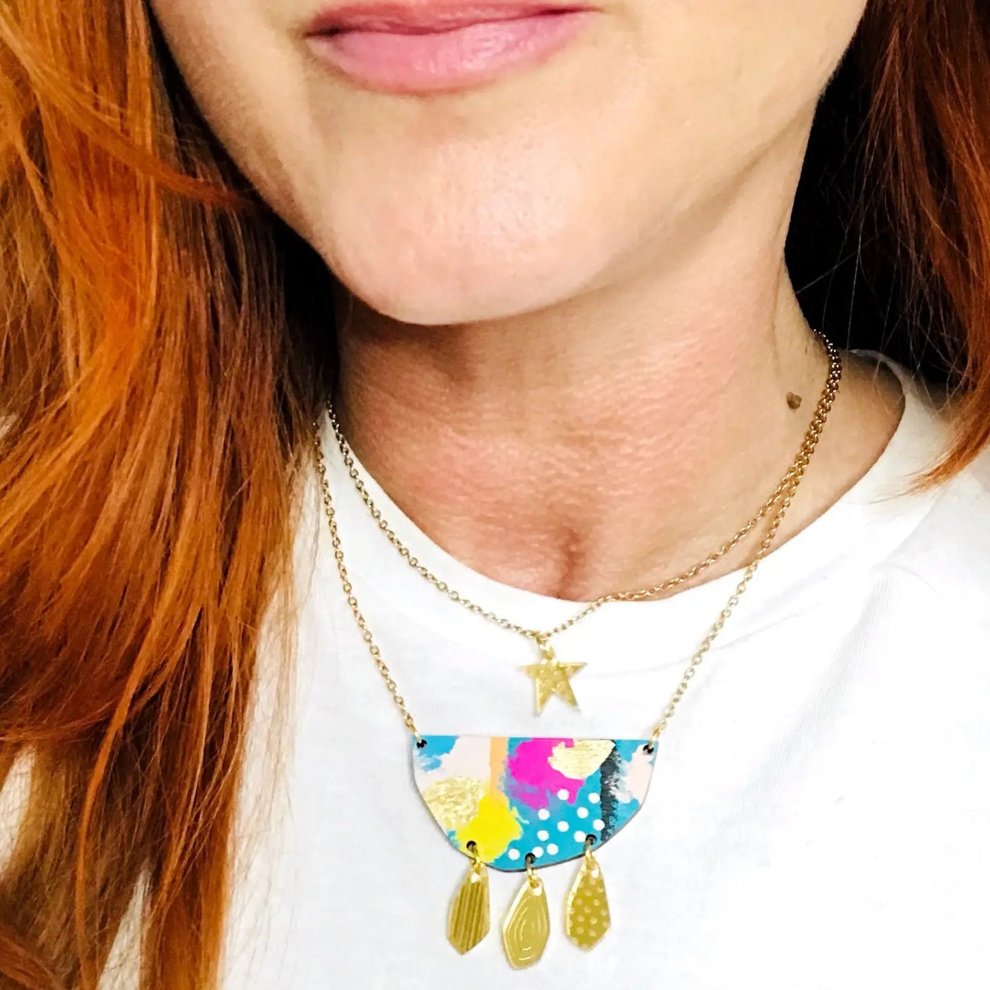 Colourful Boho Abstract Wooden Pendant Necklace